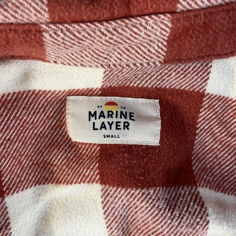 Marine Layer Flannel Shirt Mens Small Red Cream Buffalo Plaid Button Down 14855